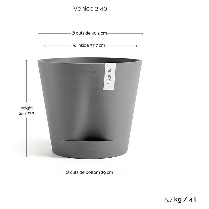 Ecopots Pflanztopf Venice 2 - Außenmaß (Ø x H): 40 x 35,7 cm, Kunststoff, Grau - Abbildung eines grauen Pflanzgefäßes "Venice 2 40" mit Größenangaben für Durchmesser und Höhe.
