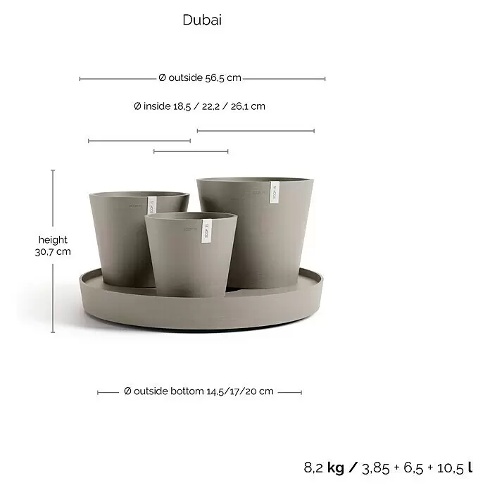 Ecopots Pflanztopf Dubai - Außenmaß (Ø x H): 56,5 x 30,7 cm, Kunststoff, Braungrau, 3 Stk. - Drei graue Blumentöpfe unterschiedlicher Größen auf einem passenden runden grauen Tablett.