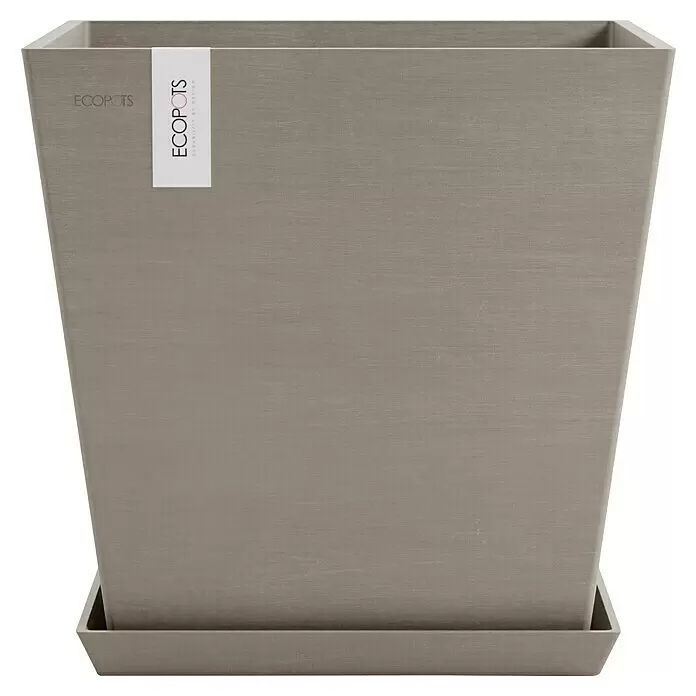 Ecopots Rotterdam Pflanzkasten mit Wasserspeicher - Außenmaß (L x B x H): 43,6 x 43,6 x 42,5 cm, Kunststoff, Braungrau - Hellgrauer strukturierter quadratischer Blumentopf mit passendem Untersetzer.