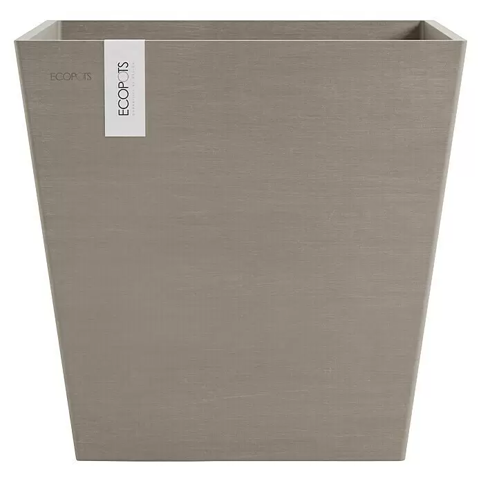 Ecopots Rotterdam Pflanzkasten mit Wasserspeicher - Außenmaß (L x B x H): 35 x 35 x 34,4 cm, Kunststoff, Braungrau - Grauer, quadratischer Pflanzkübel mit strukturierter Oberfläche und 'Ecopots'-Etikett.