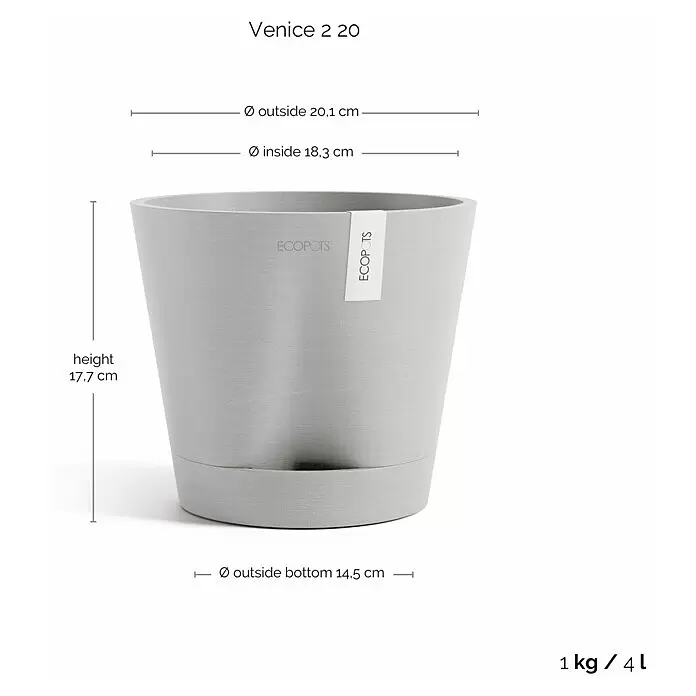 Ecopots Pflanztopf Venice 2 - Außenmaß (Ø x H): 20,1 x 17,7 cm, Kunststoff, Weiß Grau - Hellgrauer Ecopots Venice 2 20 Blumentopf mit dezenter Textur.