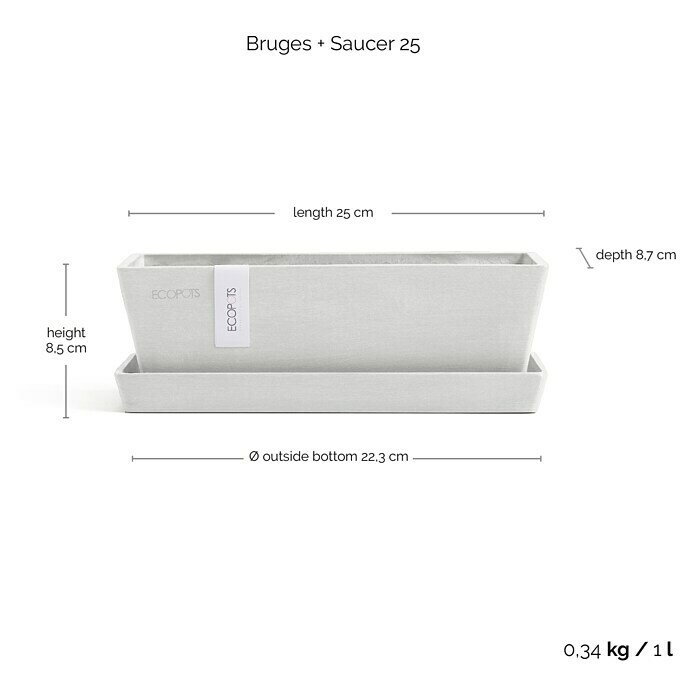 Ecopots Bruges Pflanzkasten Mini mit Untersetzer (Außenmaß (L x B x H): 25 x 9 x 8,4 cm, Kunststoff, Weiß) | BAUHAUS