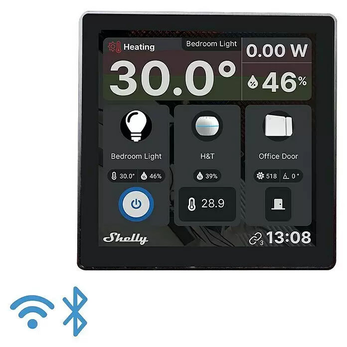 Shelly Touchscreen-Bediengerät Wall Display - Schwarz, 30 x 85 x 85 mm - Schwarzes Smart-Home-Bedienfeld zeigt Temperatur, Feuchtigkeit, Licht, Türstatus und Uhrzeit, mit WLAN- und Bluetooth-Symbolen.