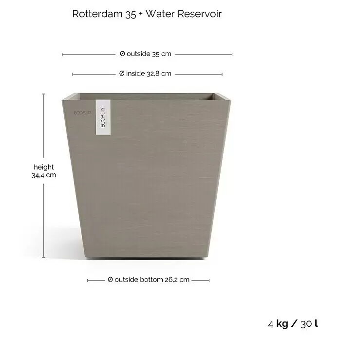 Ecopots Rotterdam Pflanzkasten mit Wasserspeicher - Außenmaß (L x B x H): 35 x 35 x 34,4 cm, Kunststoff, Braungrau - Grauer, quadratischer Pflanzkübel mit Wasserspeicher und 30 Litern Fassungsvermögen.