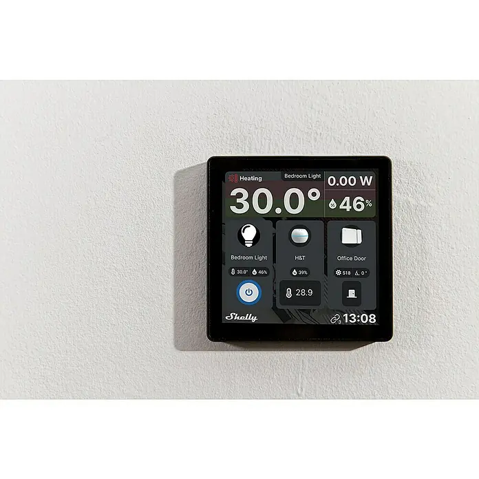 Shelly Touchscreen-Bediengerät Wall Display - Schwarz, 30 x 85 x 85 mm - Intelligentes Thermostat zur Steuerung von Heizung, Beleuchtung und Raumklima für ein komfortables Zuhause.