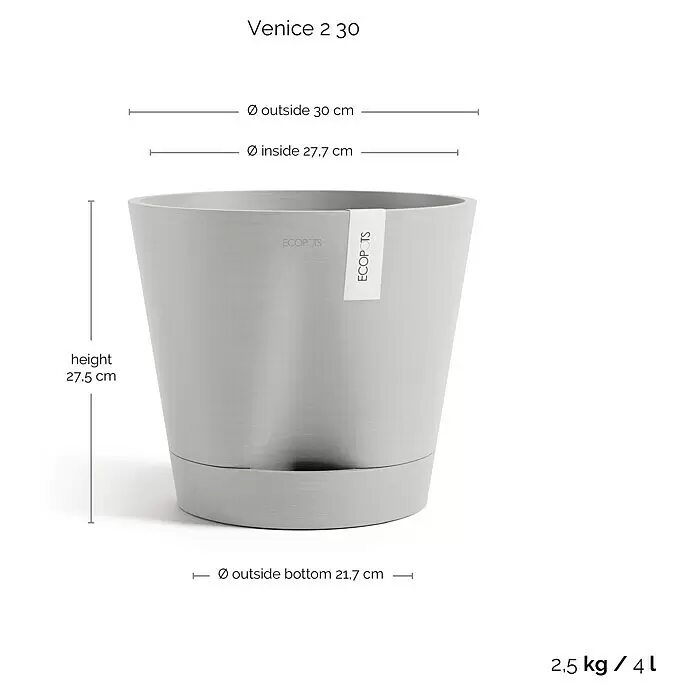 Ecopots Pflanztopf Venice 2 - Außenmaß (Ø x H): 30 x 27,5 cm, Kunststoff, Weiß Grau - Hellgrauer ECOPOTS Venice 2 30 Blumentopf mit integriertem Untersetzer. Maße: Ø außen 30 cm, Höhe 27,5 cm, 2,5 kg / 4 L Fassungsvermögen.