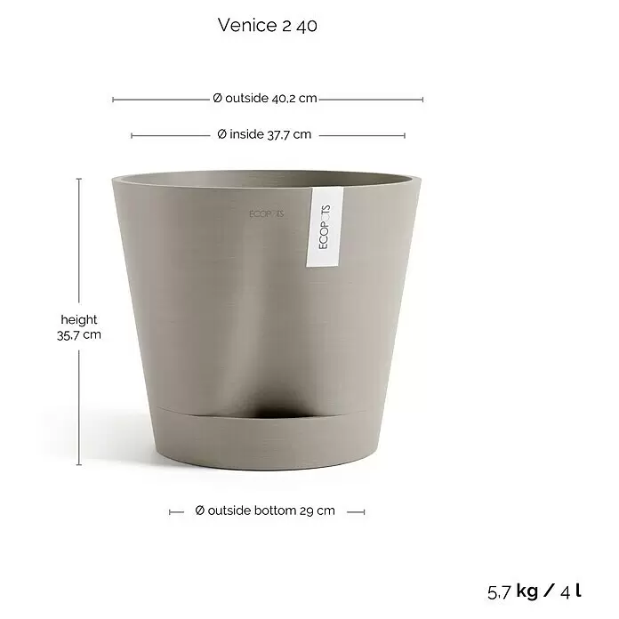 Ecopots Pflanztopf Venice 2 - Außenmaß (Ø x H): 40,2 x 35,7 cm, Kunststoff, Braungrau - Grauer Ecopots Venice 2 40 Pflanztopf, Ø 40,2 cm, H 35,7 cm, 5,7 kg.