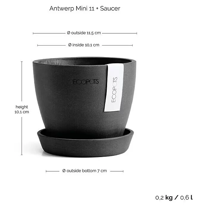 Ecopots Pflanztopf Antwerpen Mini - Außenmaß (Ø x H): 11,5 x 10,1 cm, Kunststoff, Dunkelgrau - Dunkelgrauer Ecopots Antwerp Mini 11 Pflanztopf mit Untersetzer, zeigt Maße, Gewicht (0,2 kg) und Volumen (0,6 L).