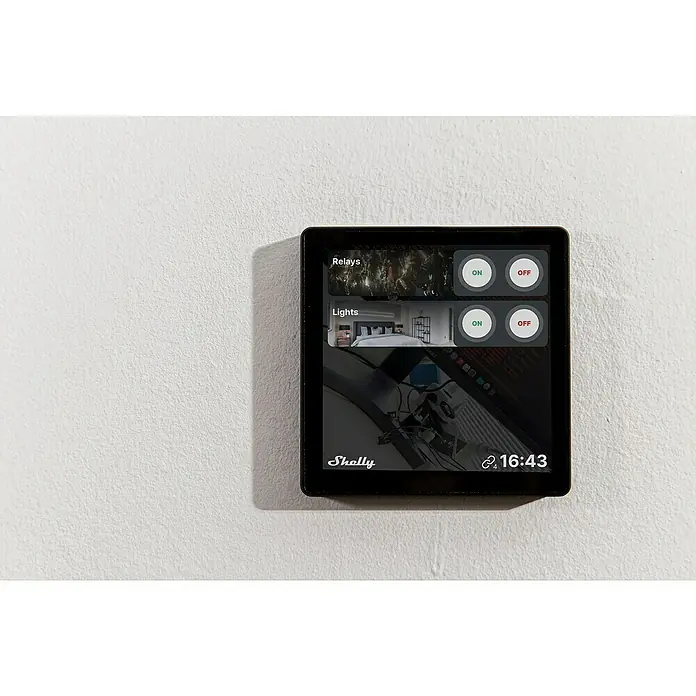 Shelly Touchscreen-Bediengerät Wall Display - Schwarz, 30 x 85 x 85 mm - Intelligenter Shelly-Schalter an der Wand. Dieser Touchscreen dient zur Steuerung von Beleuchtung und anderen Geräten im Haus, was Komfort und Energieeffizienz bietet.