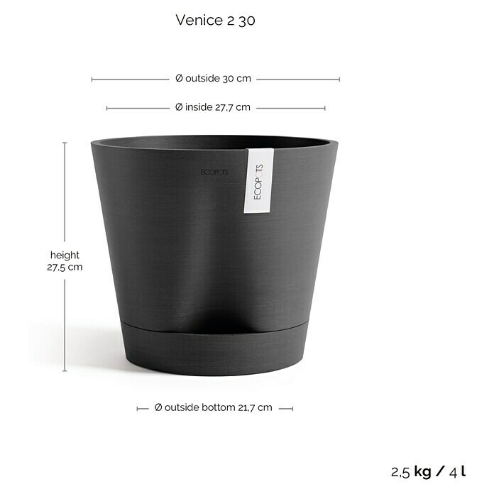 Ecopots Pflanztopf Venice 2 (Außenmaß (Ø x H): 30 x 26,3 cm, Kunststoff, Dunkelgrau) | BAUHAUS