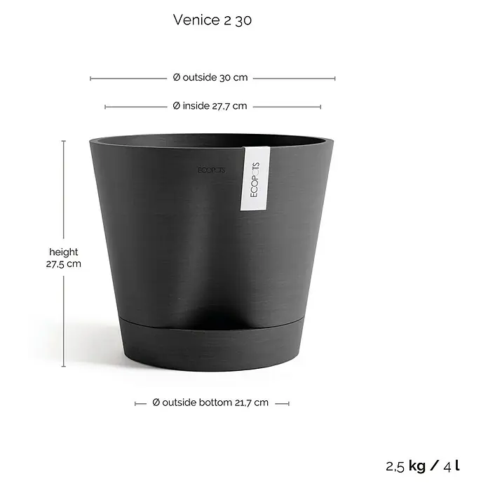 Ecopots Pflanztopf Venice 2 - Außenmaß (Ø x H): 30 x 27,5 cm, Kunststoff, Dunkelgrau - Abbildung eines schwarzen "Venice 2 30" Pflanzentopfes mit Größenangaben. Der Pflanztopf hat eine Höhe von 27,5 cm und ein Fassungsvermögen von 4 Litern.