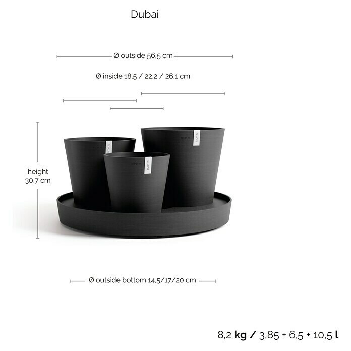 Ecopots Pflanztopf Dubai (Außenmaß (Ø x H): 56,6 x 30 cm, Kunststoff, Dunkelgrau, 3 Stk.) | BAUHAUS