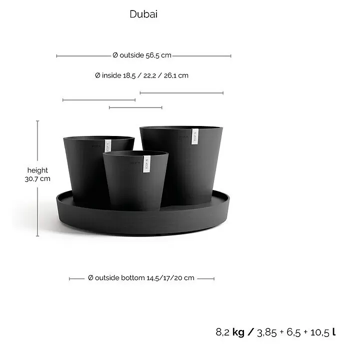 Ecopots Pflanztopf Dubai - Außenmaß (Ø x H): 56,5 x 30,7 cm, Kunststoff, Dunkelgrau, 3 Stk. - Set aus drei anthrazitfarbenen Pflanztöpfen auf passendem Untersetzer mit Maßen und Volumenangaben.