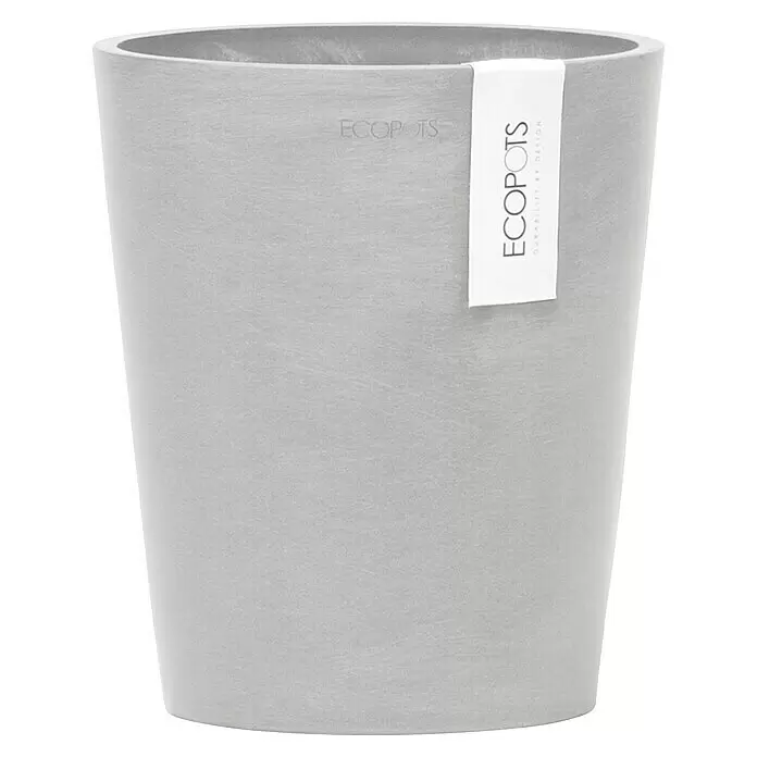 Ecopots Orchideentopf Morinda - Außenmaß (Ø x H): 17,1 x 19,5 cm, Kunststoff, Weiß Grau - Hellgrauer, strukturierter, runder ECOPOTS Blumentopf mit weißem Markenetikett.