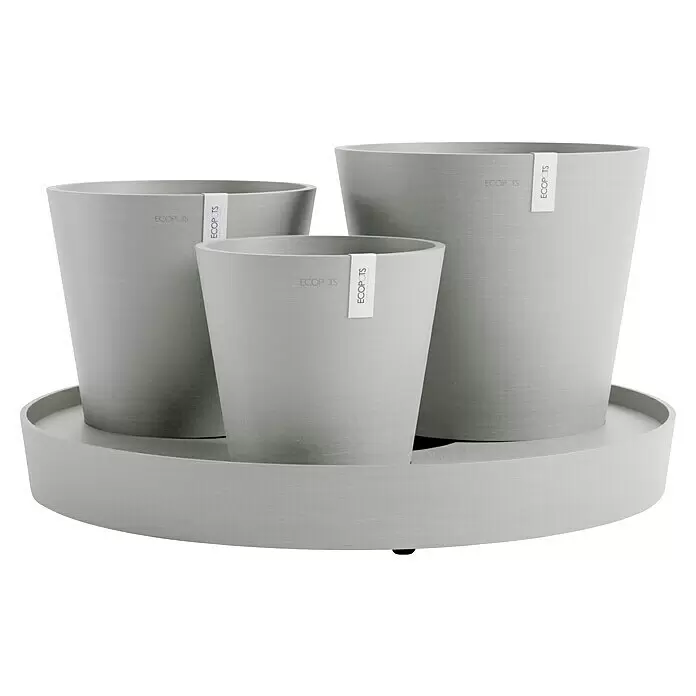 Ecopots Pflanztopf Dubai - Außenmaß (Ø x H): 56,5 x 30,7 cm, Kunststoff, Weiß Grau, 3 Stk. - Drei hellgraue ECOPOTS Blumentöpfe unterschiedlicher Größen auf einem passenden runden Tablett.