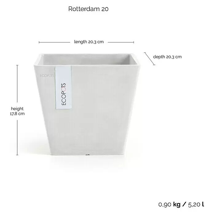 Ecopots Rotterdam Pflanzkasten - Außenmaß (L x B x H): 20,3 x 20,3 x 17,8 cm, Kunststoff, Weiß - Hellgrauer, quadratischer ECOPOTS Pflanztopf mit Maßen 20,3 x 20,3 x 17,8 cm und Fassungsvermögen 5,2 L.