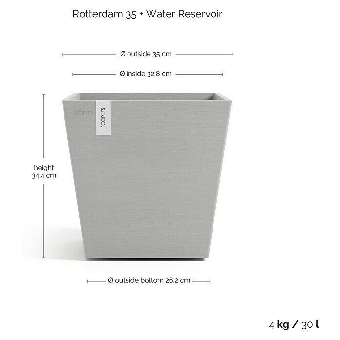 Ecopots Rotterdam Pflanzkasten mit Wasserspeicher (Außenmaß (L x B x H): 35,2 x 35,2 x 34 cm, Kunststoff, Weißgrau) | BAUHAUS