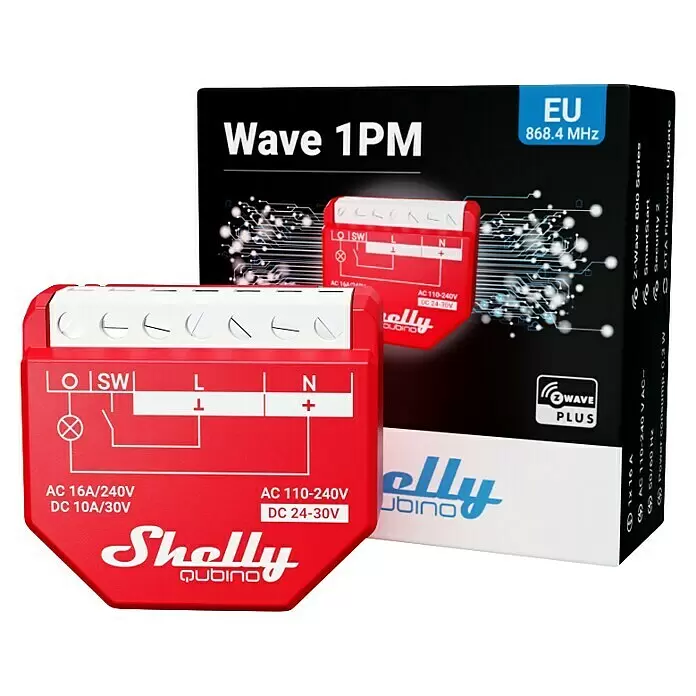 Shelly Relais-Modul Qubino Wave 1PM - Z-Wave Plus - Rotes Shelly Wave 1PM Smart-Relais mit Schaltplan und schwarzer Produktverpackung.