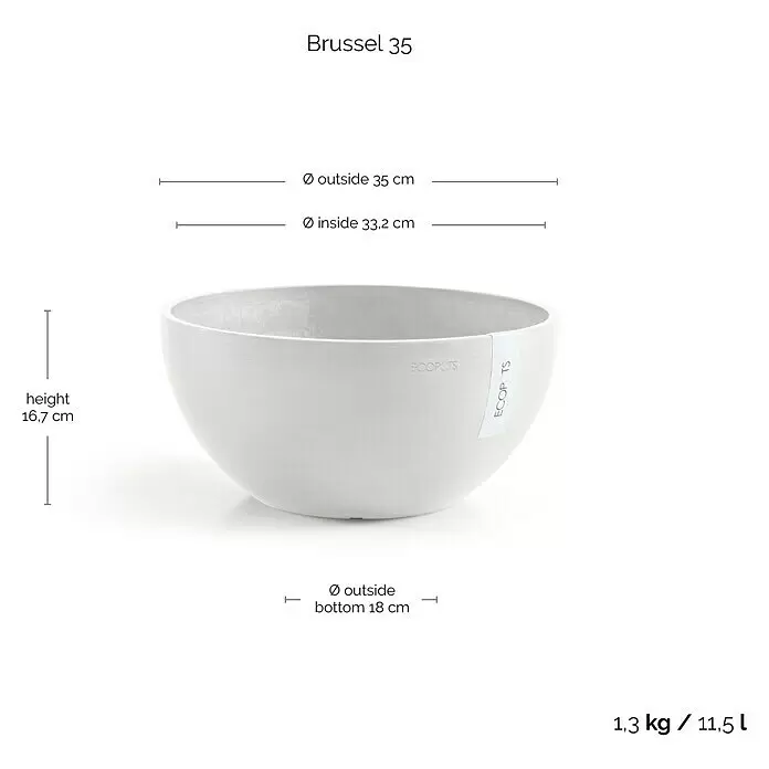 Ecopots Brussels Pflanzschale rund - Außenmaß (Ø x H): 35 x 16,7 cm, Kunststoff, Weiß - Hellgrauer Ecopots Pflanztopf in Schalenform mit Maßen.