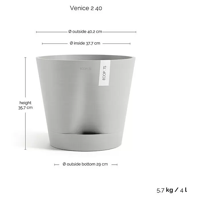 Ecopots Pflanztopf Venice 2 - Außenmaß (Ø x H): 40,2 x 35,7 cm, Kunststoff, Weiß Grau - Hellgrauer Ecopots Pflanztopf mit Maßen und Fassungsvermögen.