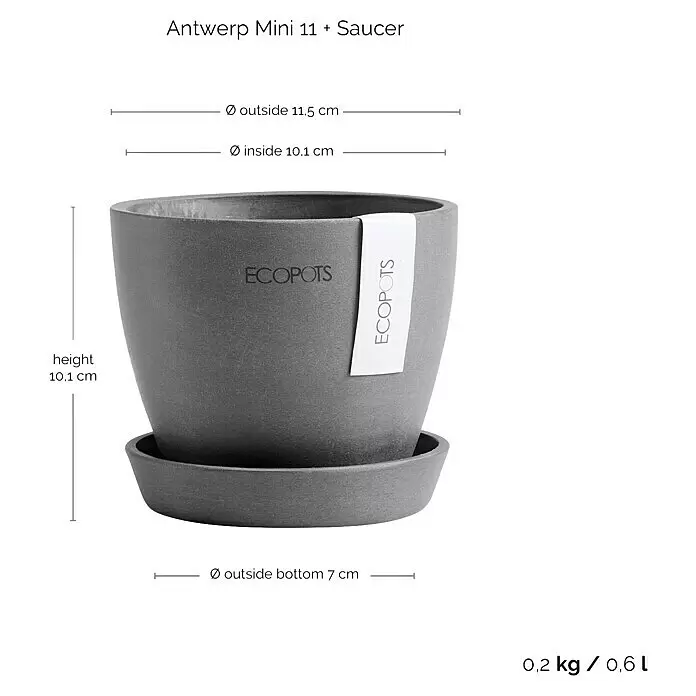 Ecopots Pflanztopf Antwerpen Mini - Außenmaß (Ø x H): 11,5 x 10,1 cm, Kunststoff, Grau - Grauer ECOPOTS Antwerp Mini Blumentopf mit passendem Untersetzer.