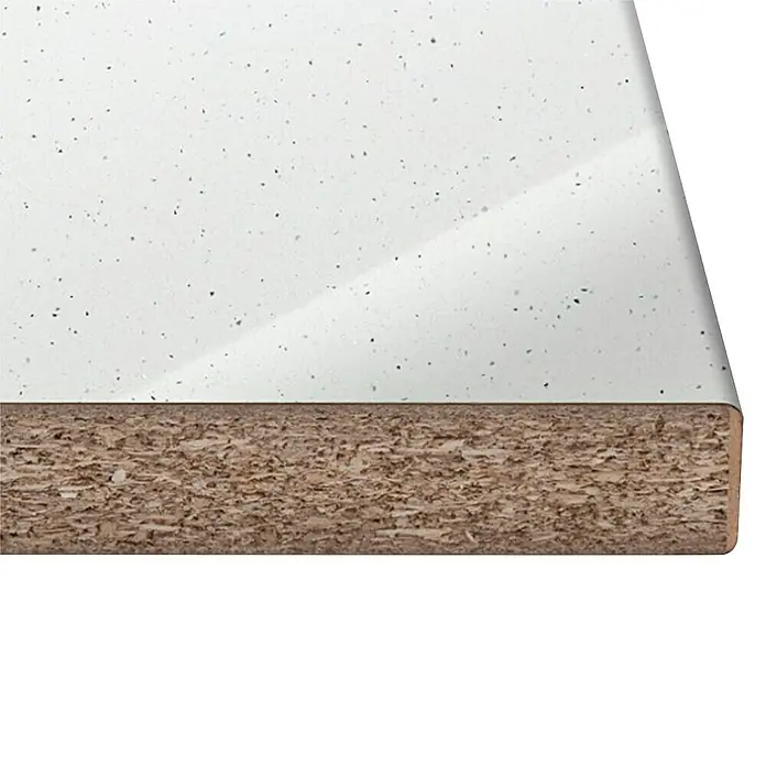 Encimera de cocina Adromeda White - Adromeda White, 63,5 x 365 x 3,8 cm - Primer plano de una encimera de madera con superficie blanca y finas motas oscuras.