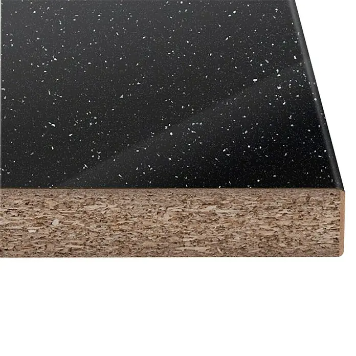 Encimera de cocina Black Andromeda - Black Andromeda, 365 cm x 63,5 cm x 38 mm - Primer plano de una encimera negra con motas blancas y un borde de aglomerado.