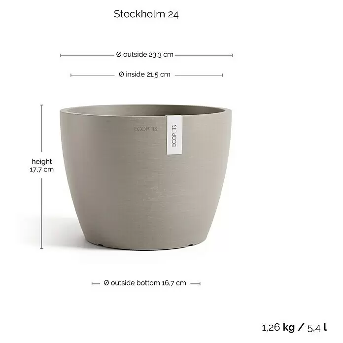 Ecopots Pflanztopf Stockholm - Außenmaß (Ø x H): 23,3 x 17,7 cm, Kunststoff, Braungrau - Hellgrauer, runder ECOPOTS Pflanzentopf, Modell Stockholm 24, mit klar angegebenen Maßen für Höhe, Durchmesser, Gewicht und Volumen.