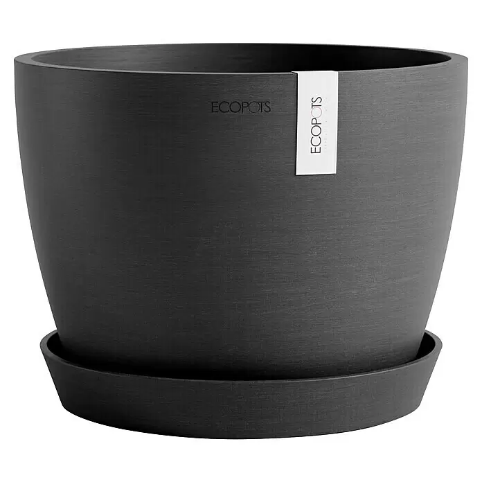 Ecopots Pflanztopf Stockholm - Außenmaß (Ø x H): 23,3 x 17,7 cm, Kunststoff, Dunkelgrau - Dunkelgrauer, strukturierter Pflanztopf mit passendem Untersetzer.