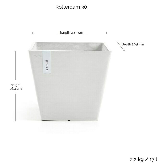 Ecopots Rotterdam Pflanzkasten (Außenmaß (L x B x H): 29,5 x 29,5 x 26,4 cm, Kunststoff, Weiß) | BAUHAUS
