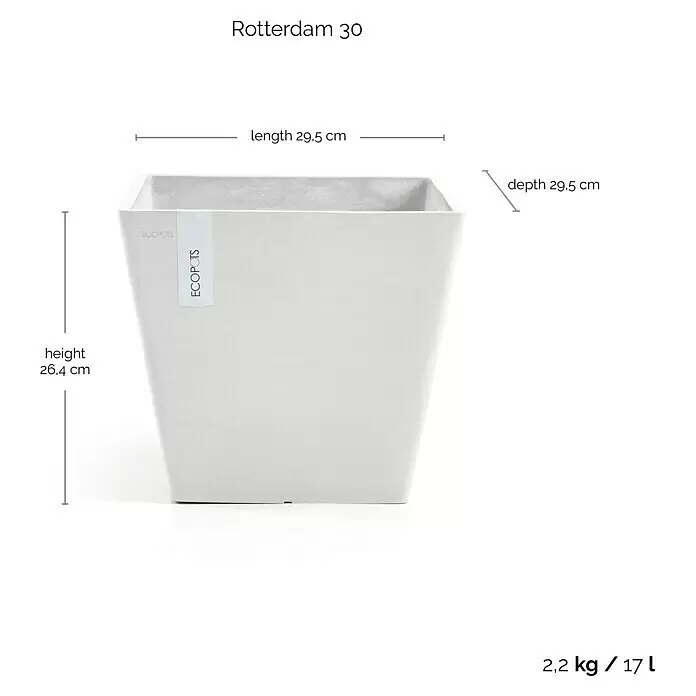 Ecopots Rotterdam Pflanzkasten - Außenmaß (L x B x H): 29,5 x 29,5 x 26,4 cm, Kunststoff, Weiß - Weißer, quadratischer ECOPOTS Rotterdam 30 Pflanztopf.