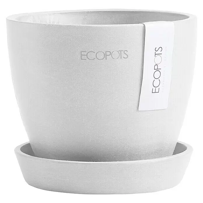 Ecopots Pflanztopf Antwerpen Mini - Außenmaß (Ø x H): 11,5 x 10,1 cm, Kunststoff, Weiß - Heller, strukturierter Blumentopf und Untersetzer in Grau mit ECOPOTS-Branding.