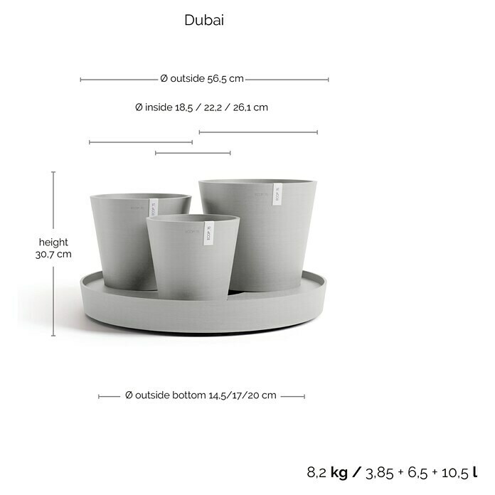 Ecopots Pflanztopf Dubai (Außenmaß (Ø x H): 56,6 x 30 cm, Kunststoff, Weiß Grau, 3 Stk.) | BAUHAUS