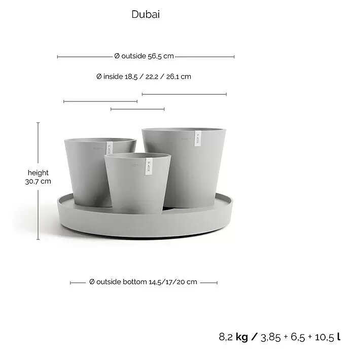 Ecopots Pflanztopf Dubai - Außenmaß (Ø x H): 56,5 x 30,7 cm, Kunststoff, Weiß Grau, 3 Stk. - Set aus drei hellgrauen ECOPOTS Pflanzentöpfen auf einer Untertasse mit Maßen.