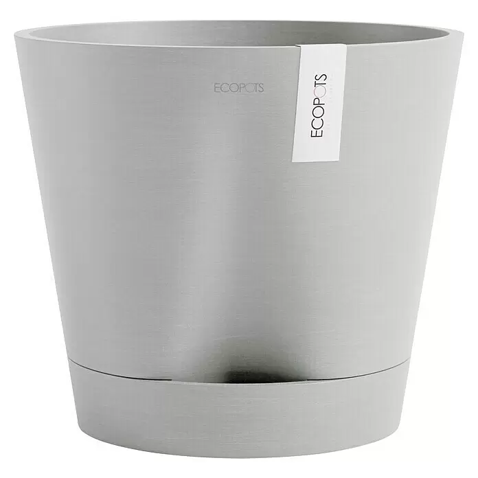 Ecopots Pflanztopf Venice 2 - Außenmaß (Ø x H): 30 x 27,5 cm, Kunststoff, Weiß Grau - Hellgrauer Blumentopf mit gebürsteter Textur und integriertem Untersetzer.