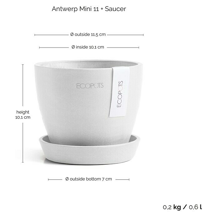 Ecopots Pflanztopf Antwerpen Mini (Außenmaß (Ø x H): 11,5 x 10,1 cm, Kunststoff, Weiß) | BAUHAUS