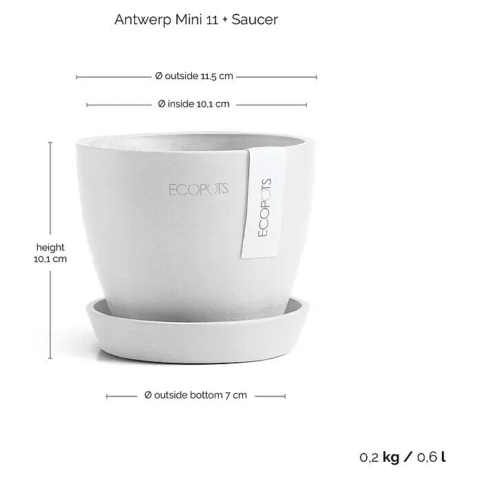 Ecopots Pflanztopf Antwerpen Mini - Außenmaß (Ø x H): 11,5 x 10,1 cm, Kunststoff, Weiß - Hellgrauer ECOPOTS Blumentopf mit passendem Untersetzer.