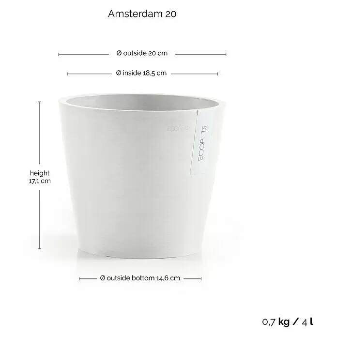 Ecopots Amsterdam Pflanztopf - Außenmaß (Ø x H): 20 x 17,1 cm, Kunststoff, Weiß - Hellgrauer Pflanzentopf mit strukturierter Oberfläche und detaillierten Maßen.
