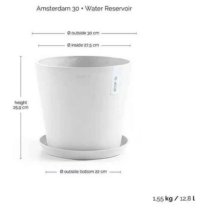 Ecopots Amsterdam Pflanzkübel rund - Außenmaß (Ø x H): 30 x 25,9 cm, Kunststoff, Weiß, Mit Bewässerungssystem - Weißer ECOPOTS Pflanztopf 'Amsterdam 30' mit Untersetzer und Wasserspeicherfunktion.