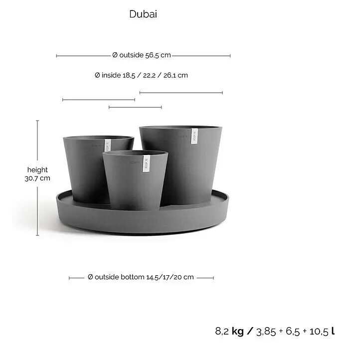 Ecopots Pflanztopf Dubai - Außenmaß (Ø x H): 56,5 x 30,7 cm, Kunststoff, Grau - Drei graue ECOPOTS Blumentöpfe in verschiedenen Größen, auf einem runden grauen Tablett angeordnet.