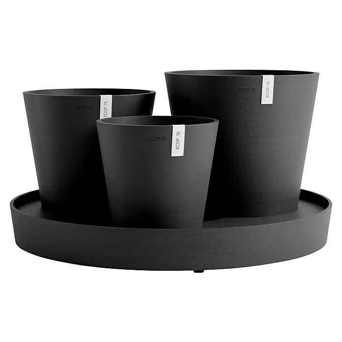 Ecopots Pflanztopf Dubai - Außenmaß (Ø x H): 56,5 x 30,7 cm, Kunststoff, Dunkelgrau, 3 Stk. - Set aus drei strukturierten dunkelgrauen Pflanztöpfen mit passender runder Untertasse.