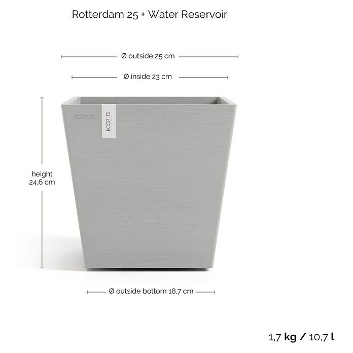 Ecopots Rotterdam Pflanzkasten mit Wasserspeicher (Außenmaß (L x B x H): 25,2 x 25,2 x 24,5 cm, Kunststoff, Weißgrau) | BAUHAUS