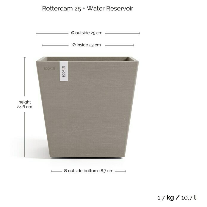 Ecopots Rotterdam Pflanzkasten mit Wasserspeicher (Außenmaß (L x B x H): 25,2 x 25,2 x 24,5 cm, Kunststoff, Braungrau) | BAUHAUS