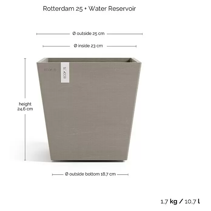 Ecopots Rotterdam Pflanzkasten mit Wasserspeicher - Außenmaß (L x B x H): 25 x 25 x 24,6 cm, Kunststoff, Braungrau - Quadratischer, sich verjüngender grauer Pflanzkübel Rotterdam 25 mit Wasserspeicher, Maße und Fassungsvermögen angegeben.