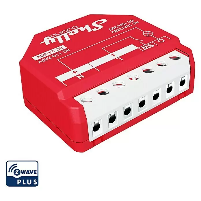 Shelly Relais-Modul Qubino Wave 1PM - Z-Wave Plus - Rotes und weißes Shelly Z-Wave Plus Smart-Relaismodul mit Schraubklemmen und Spannungsangaben.