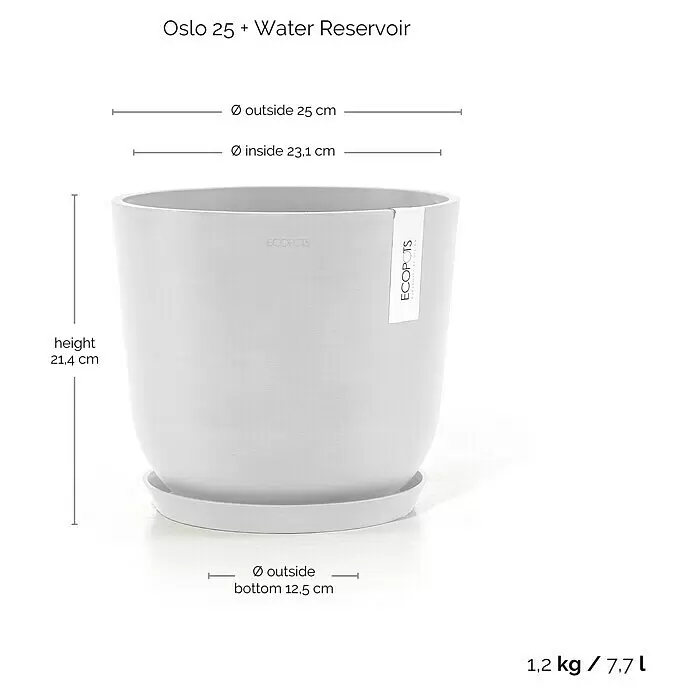 Ecopots Oslo Pflanztopf mit Wasserspeicher - Außenmaß (Ø x H): 25 x 21,4 cm, Kunststoff, Weiß - Heller, grauer Ecopots Oslo 25 Blumentopf mit Wasserreservoir und passendem Untersetzer.