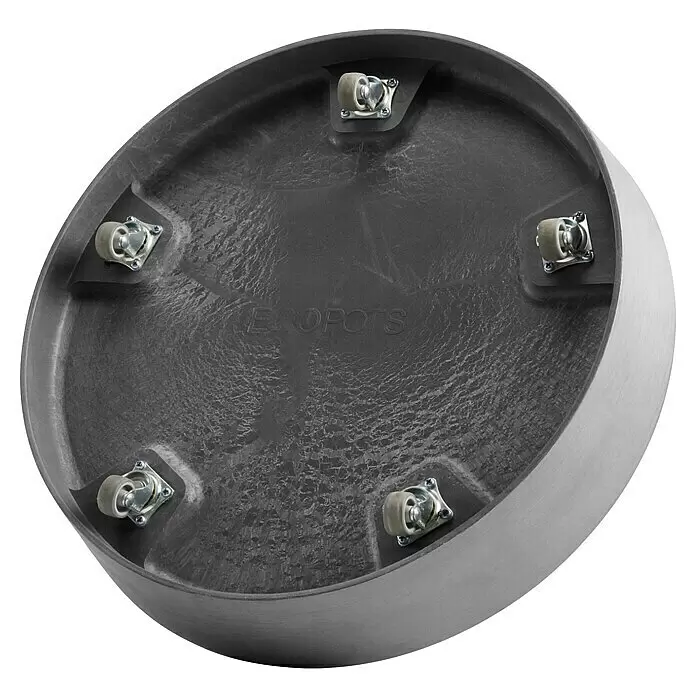 Ecopots Amsterdam Blumentopf-Untersetzer mit Rollen - Außenmaß (Ø x H): 51 x 10,1 cm, Kunststoff, Grau - Unterseite einer runden, dunkelgrauen Pflanzkübel-Rollunterlage mit fünf Rollen. Schriftzug „ECOPOTS“ ist eingeprägt.