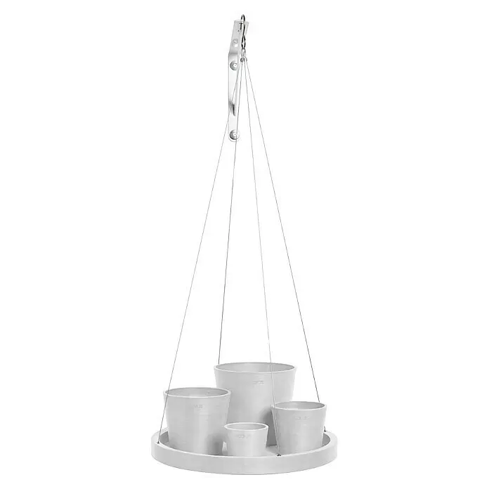 Ecopots Blumenampel - Außenmaß (Ø x H): 36 x 3 cm, Kunststoff, Weiß - Weißes Hängepflanzgefäß-System mit vier unterschiedlich großen Töpfen auf einer runden Schale, an Drähten von einer Metallaufhängung.