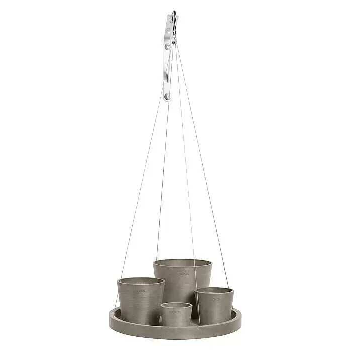 Ecopots Blumenampel - Außenmaß (Ø x H): 36 x 3 cm, Kunststoff, Braungrau - Hängendes ECOPOTS Pflanzgefäß-Set mit grauen Töpfen auf einer runden Schale, an Drähten aufgehängt.