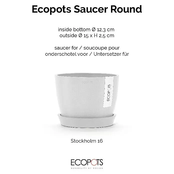 Ecopots Amsterdam Blumentopf-Untersetzer - Außenmaß (Ø x H): 15 x 2,5 cm, Kunststoff, Weiß - Hellgrauer, runder Ecopots Untersetzer mit strukturierter Oberfläche, gezeigt mit passendem Topf.